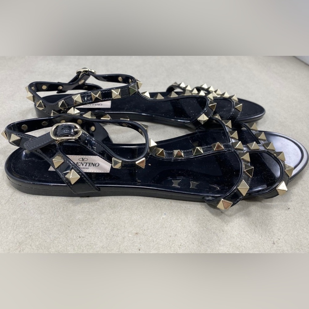 Authentic Valentino Garavani Black Rockstudded Gold Rubber Sandals